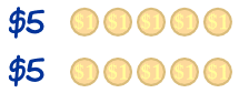 Two people sharing ten dollars, five dollars each